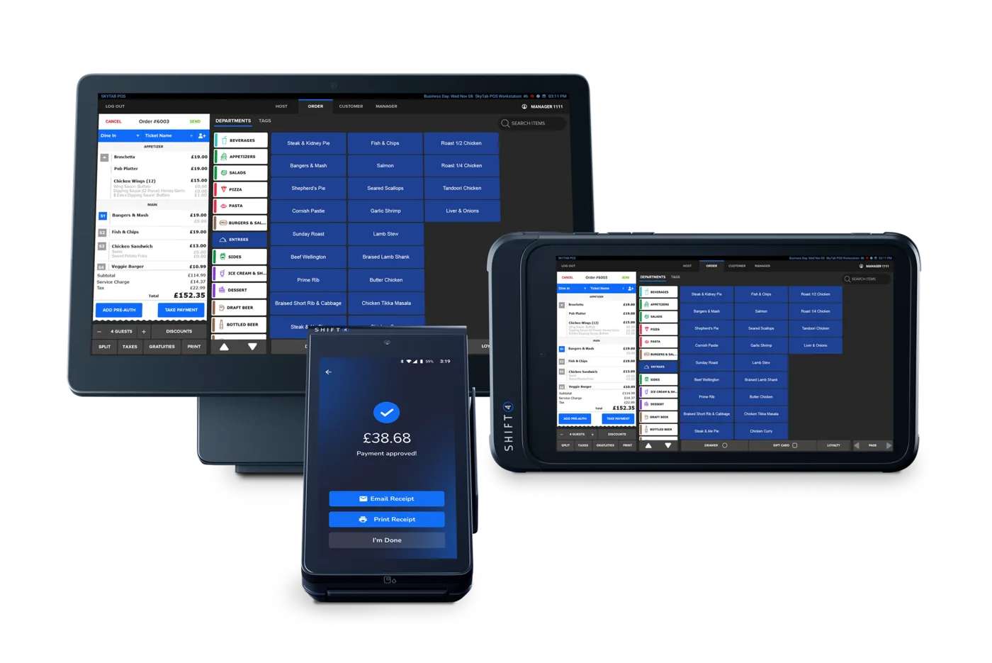 Shift4 Dine hardware lineup — workstation, handheld and customer display